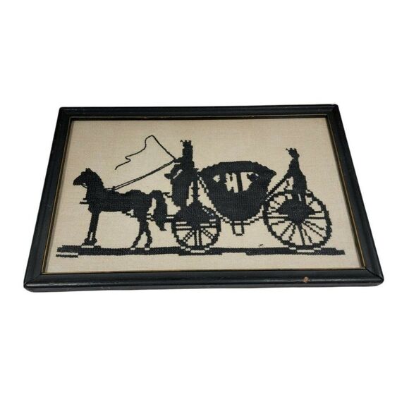 Antique Cross Stitch on linen SILHOUETTE Man Horse Couple Coach & Carriage - Picture 1 of 8
